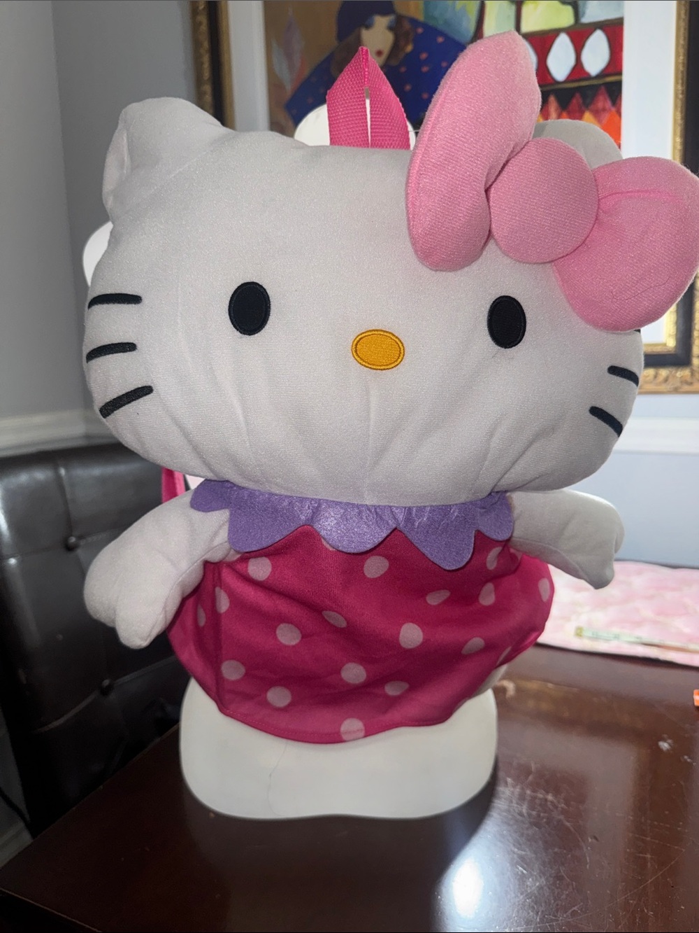 Hello Kitty Pink Polka Dot Plush Backpack with Purple Collar and Pink Bow